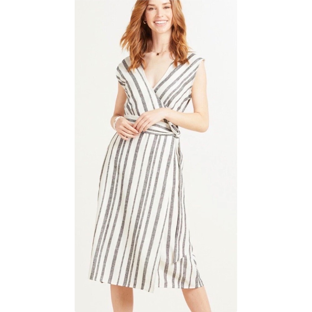 Evereve Clara Wrap Dress White Black Striped Midi V-Neck Sleeveless Linen blend